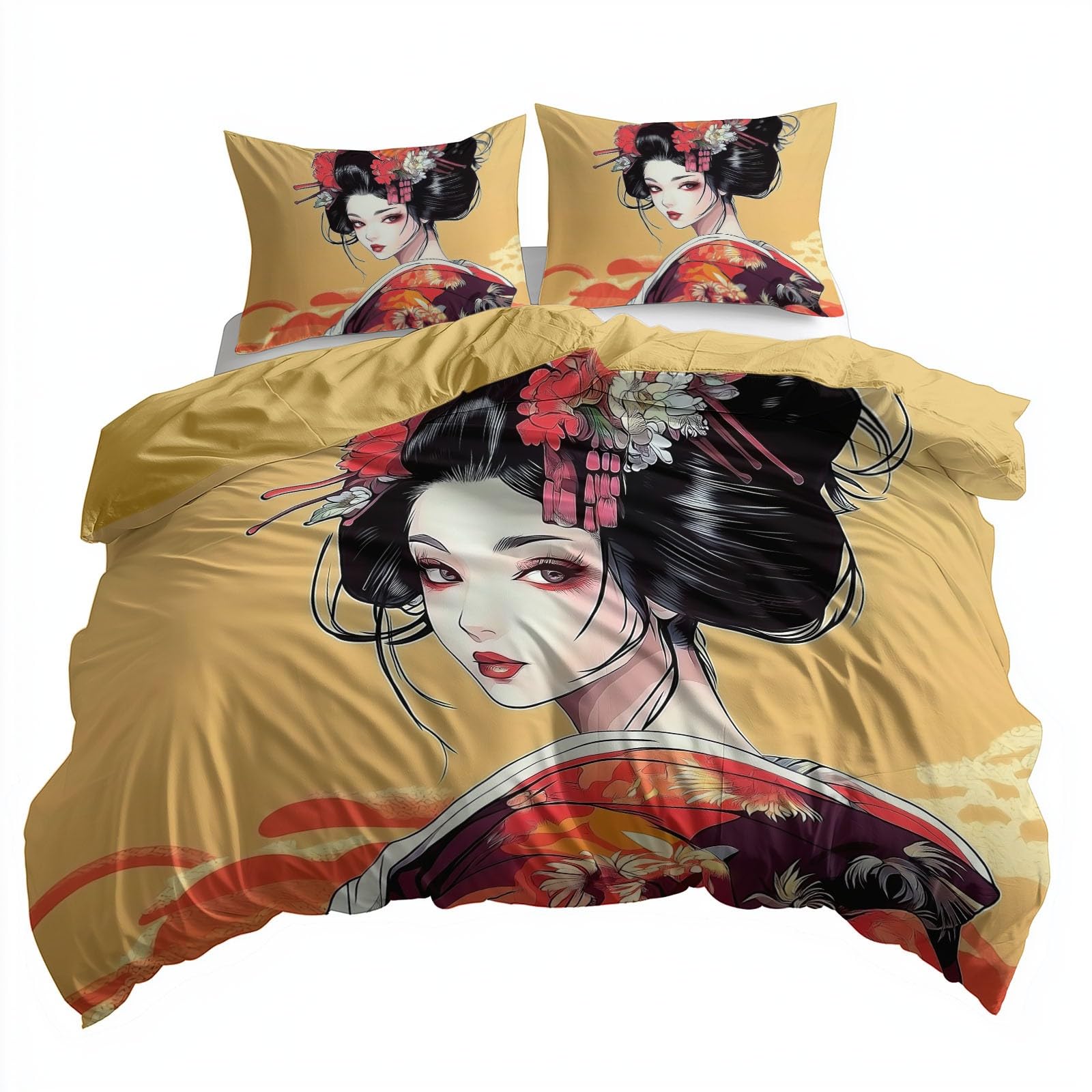 Japoński zestaw poszewek na kołdrę Geisha Kimono Yellow, 180 x 220 cm 100% szczotkowana bawełna zestaw poszewek na kołdrę, 3-częściowy zestaw poszewek na poduszki, zapięcie na zamek błyskawiczny