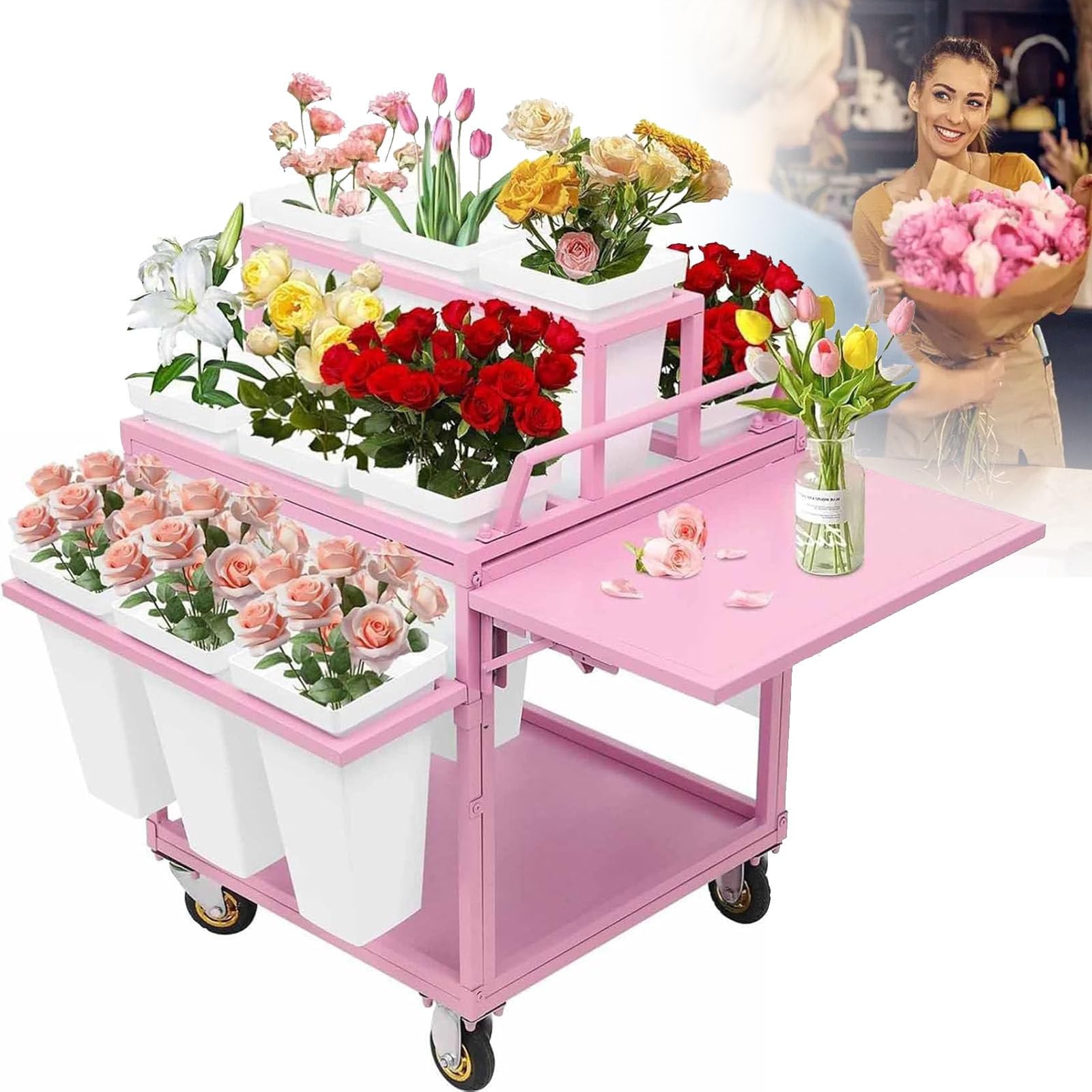 Este Soporte metálico para exhibición de Flores al Aire Libre con Soporte para Flores con 18 Cubos, Soporte para exhibición de Flores con Ruedas, Carrito de Flores para floristería, Patio y