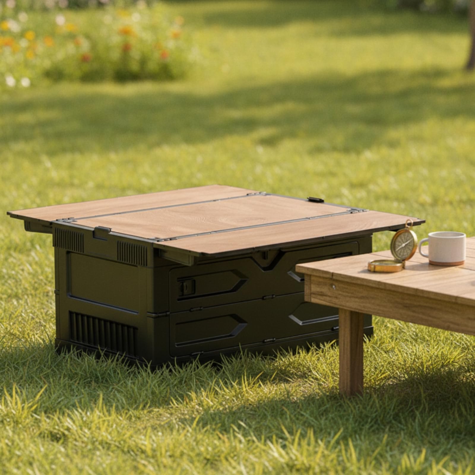 Faltbox mit Holz faltbar klappbox mit Frontöffnung klappbar Campingtisch Stauraum für Wohnmobilbesitzer, Camping, Kofferraum, Grauweiß, Flache Oberfläche Ohne Halterung