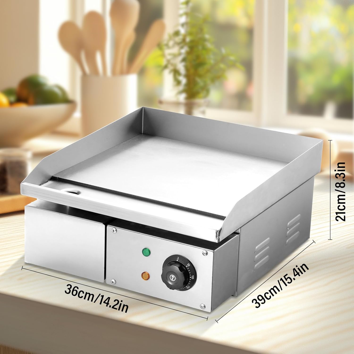Commercial Electric Griddle 15"1700W Non-Stick Food-Grade Stainless Steel Countertop Flat Top Griddle 122-572? Adjustable Temp Control Teppanyaki Grill w/Iron Cooking Hot Plate BBQ Kitchen Restaurant