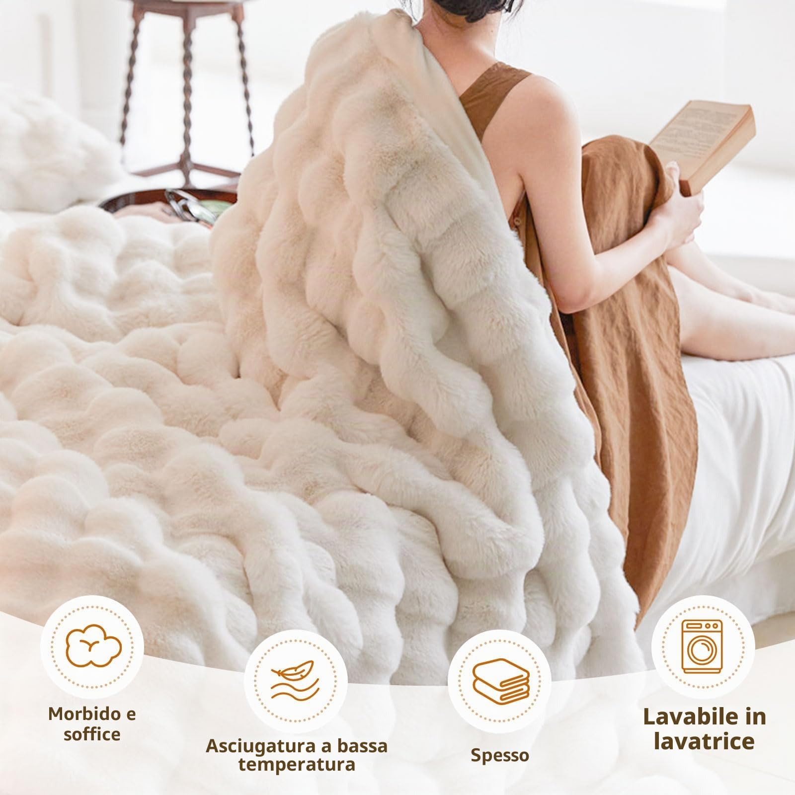 Coperta Plaid Super Morbida Pile Peluche di Coniglio Caldo e Spesso, Caldo accogliente divano tiro, Versatile Coperta Matrimoniale per Camera da Letto Viaggi (Bianco, W100 x L160CM)