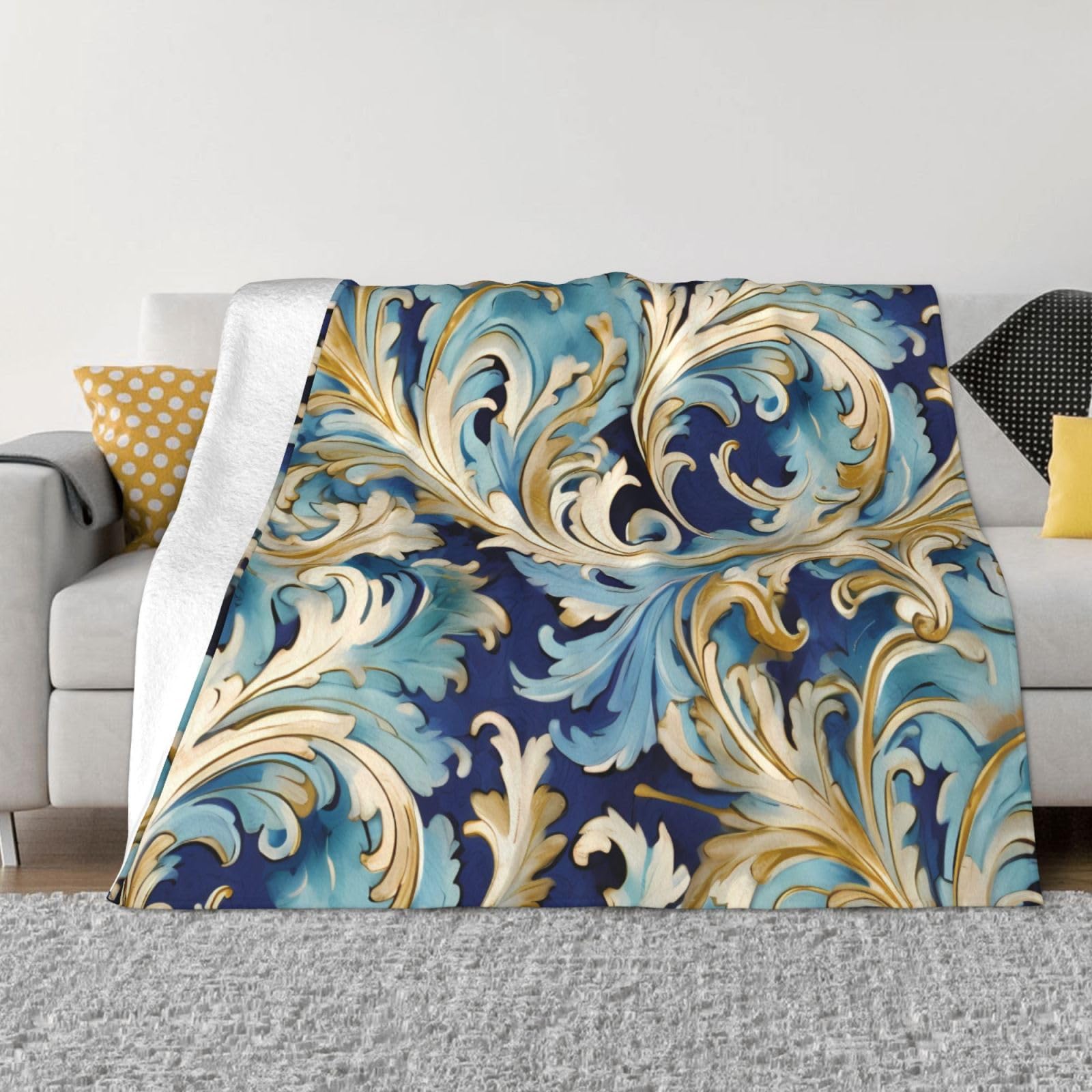 Couverture flanelle toutes saisons contre le froid nocturne, plaid bleu doré 152x127cm
