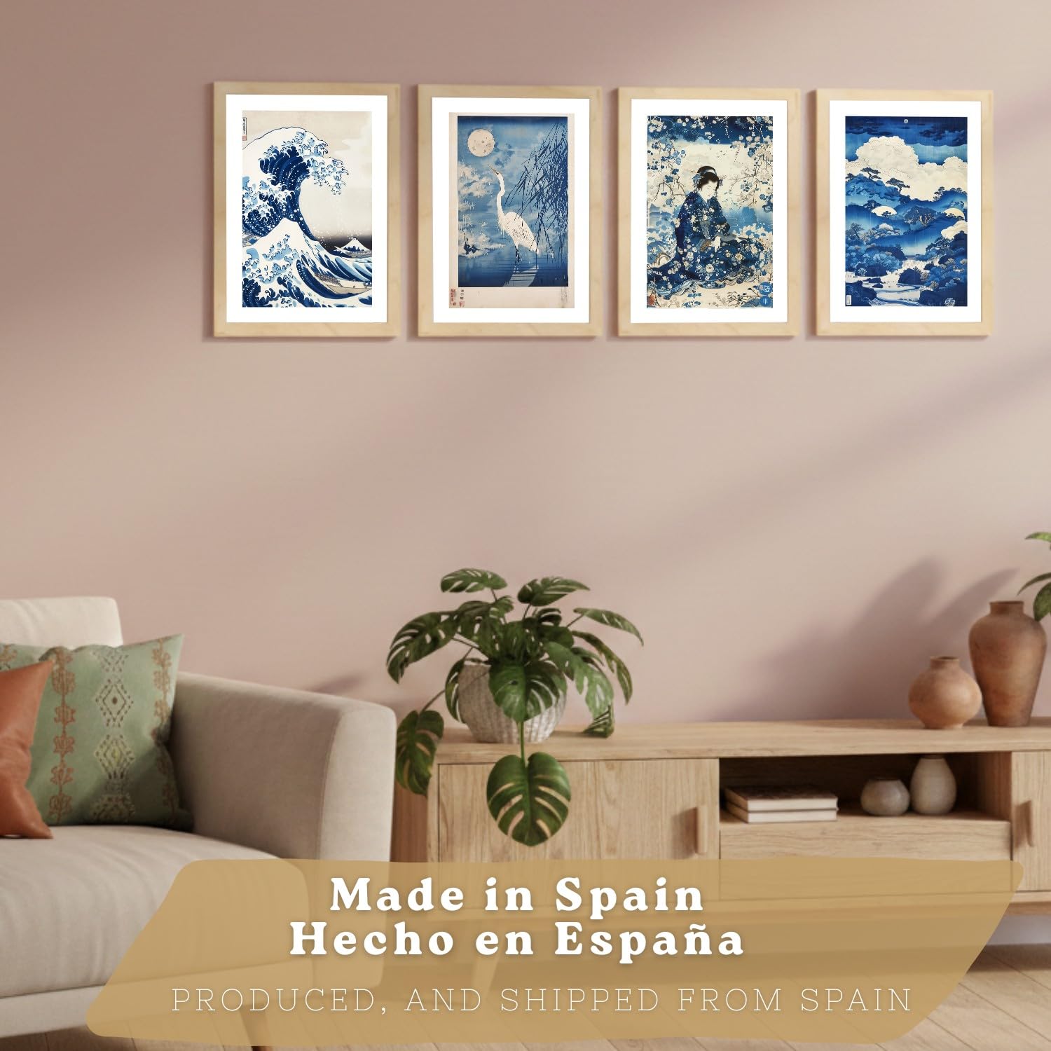 Nacnic Juego De 4 Laminas Decorativas Pared Estilo Japon. Cuadros Salon Modernos - Posters Decorativos Azules Orientales. Arte Japones. Decoración Dormitorios. A3 Marco Madera Clara