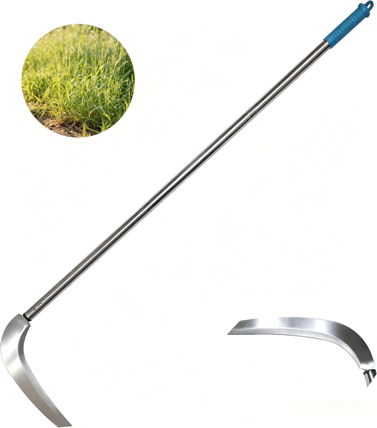 12.6“ Scythe Adjustable 50" Long Handle Grass Sickle, 3-Section Detachable Weed Cutter with 12.6" Stainless Steel Blade, Manual Scythe for Weeding, Yard, Garden & Vine Cutting