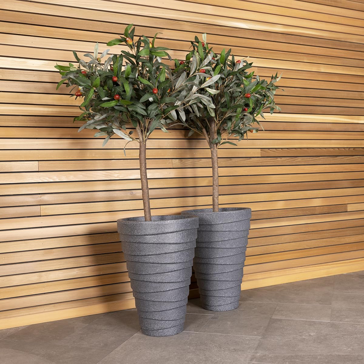 CHARLES BENTLEY Pair of Trojan Round Granite Planters (Dia. 33cm) Grey Plastic Pot Outdoor Garden Set of 2
