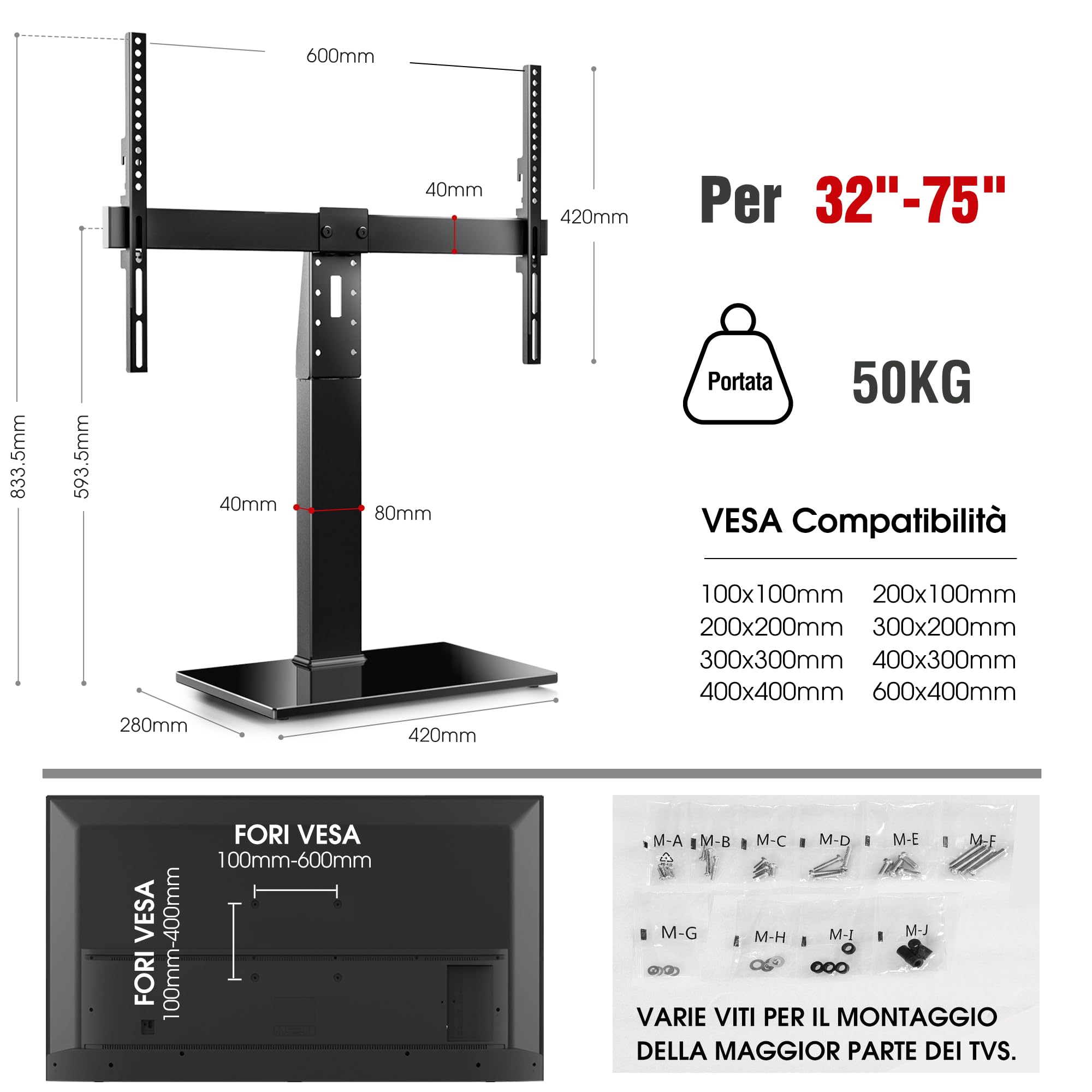 AOKCOS Supporto TV da Tavolo Girevole per 32-75 Pollici, Piedistallo TV Universale con Base, Porta TV Altezza Regolabile Max VESA 600x400mm 50KG