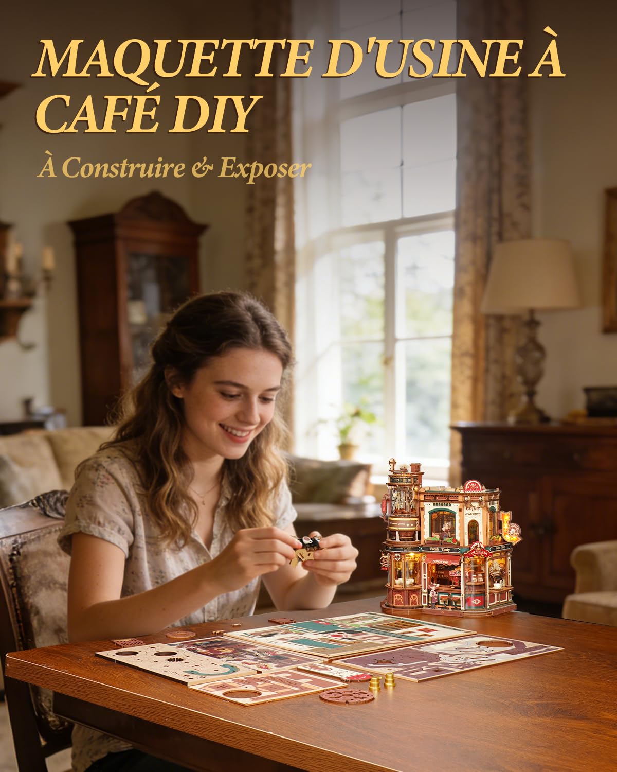 ROKR Puzzle 3D Bois Café du Coin,Maquette en Bois a Construire Boîte à Musique,Cadeaux DIY Faits À La Main pour Adultes Dream Coffee Factory,EAB02