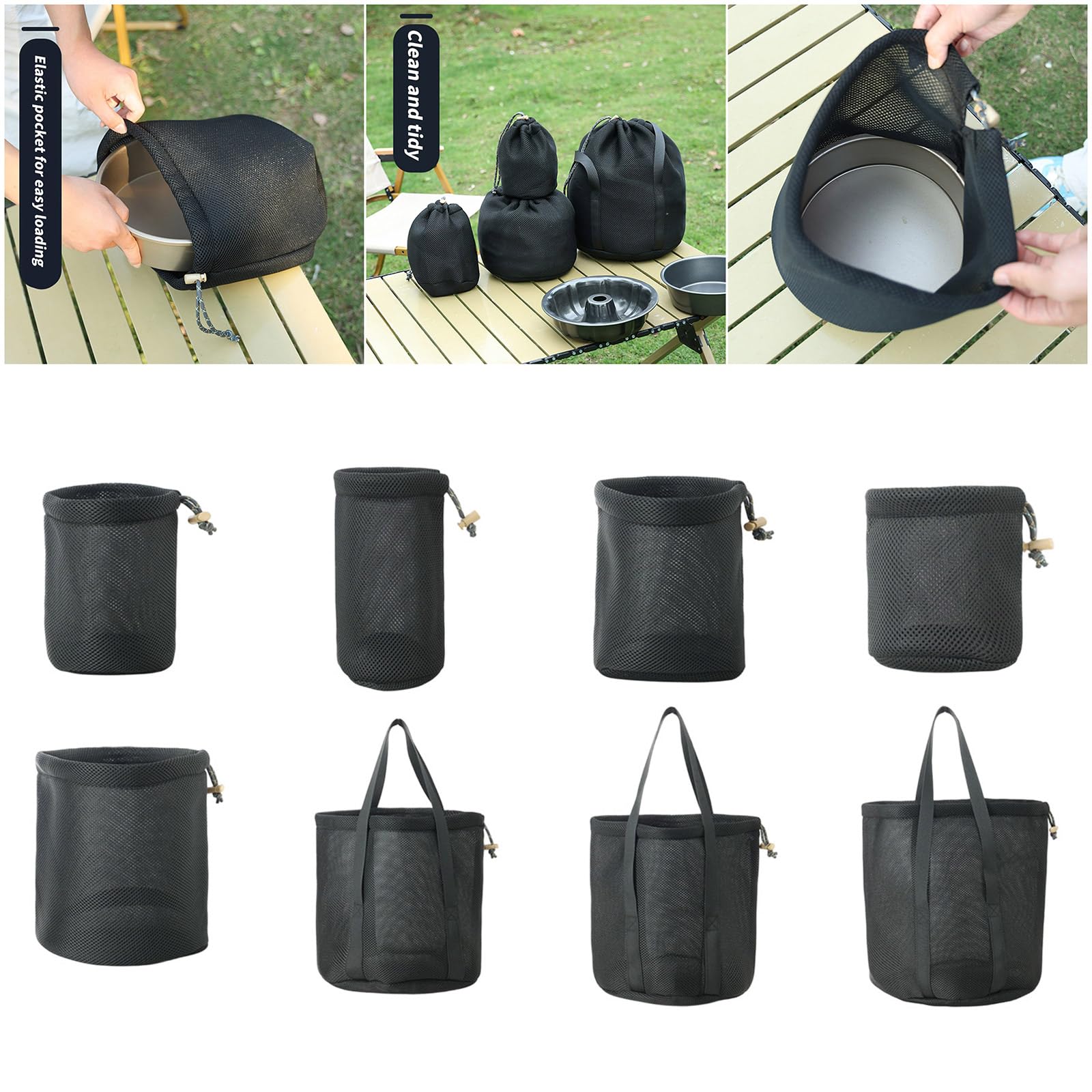 Borsa per pentole da campeggio leggera e ventilata con chiusura a coulisse e tasche in rete per riporre attrezzi da esterno Borsa per riporre pentole da campeggio in tessuto a rete con coulisse da