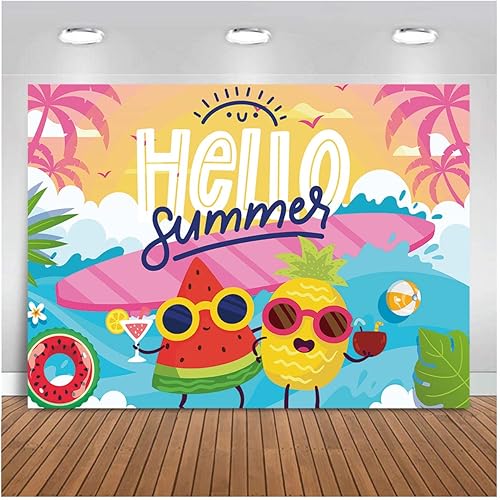 Fondo de fotografía de Hello Summer de 7 x 5 pies, tema de Hawaii, palmera tropical, fruta del océano, dibujos animados, amigos, fiesta de