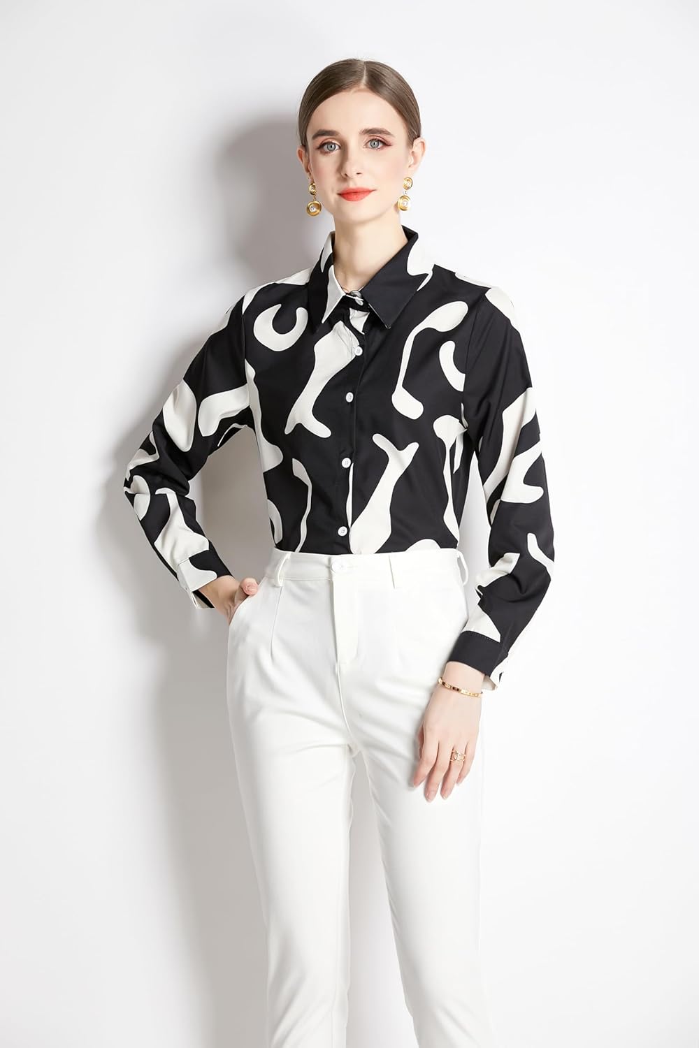 LAI MENG FIVE CATS Women's Long Sleeve Blouse Lapel Collared Floral Print Shirt Button Down Loose Tops - Image 4