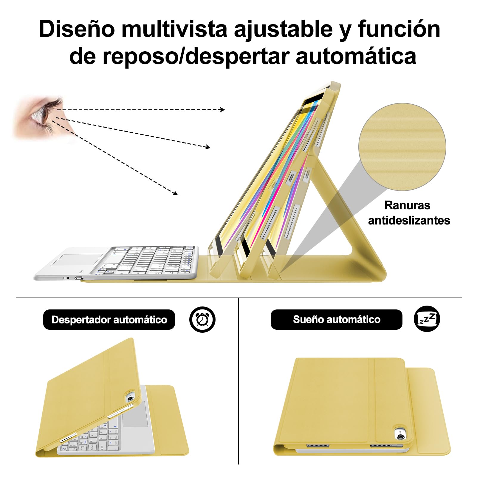 Funda Teclado para iPad A16 11 Generación 2025/10 Gen 2022 11/10.9 Pulgadas | Keyboard Touchpad, QWERTY Español Ñ, Bluetooth Magnético Desmontable Teclado Trackpad con Portalápices, Amarillo claro
