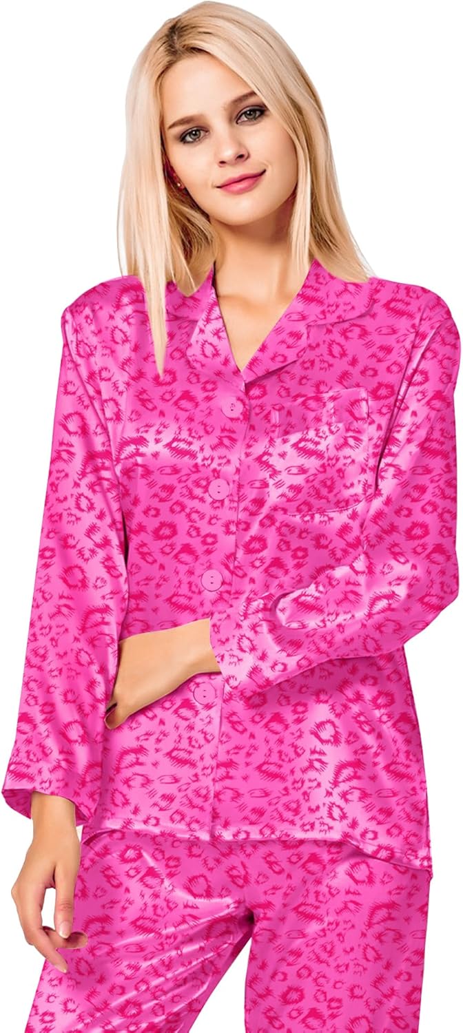 SWOMOG Long Sleeve Pajamas Set Silk Satin Sleepwear Button Down Pjs Loungewear with Pocket - Image 2