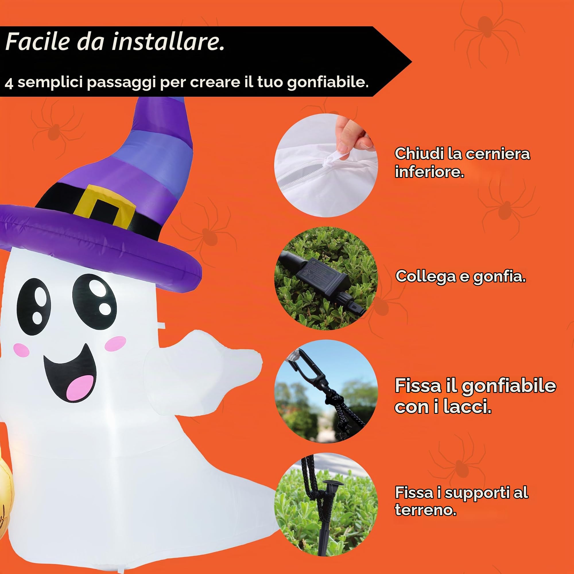 JOYIN Decorazioni gonfiabili per esterni con fantasma alto 1,8 m, con simpatico fantasma che tiene scopa con LED, decorazioni per Halloween, esterni, cortile, giardino, prato, decorazione per feste