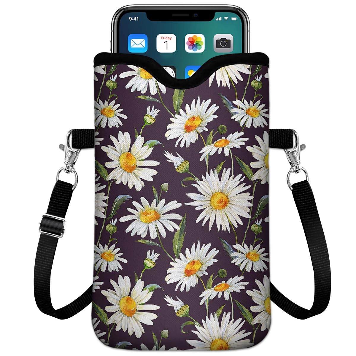 IRADA Neoprene Cell Phone Sleeve Pouch Case Bag with Crossbody Strap Neck Lanyard for Women Men 7.6 X 4.3 Inches-Daisy Shockproof Universal Phone Bag