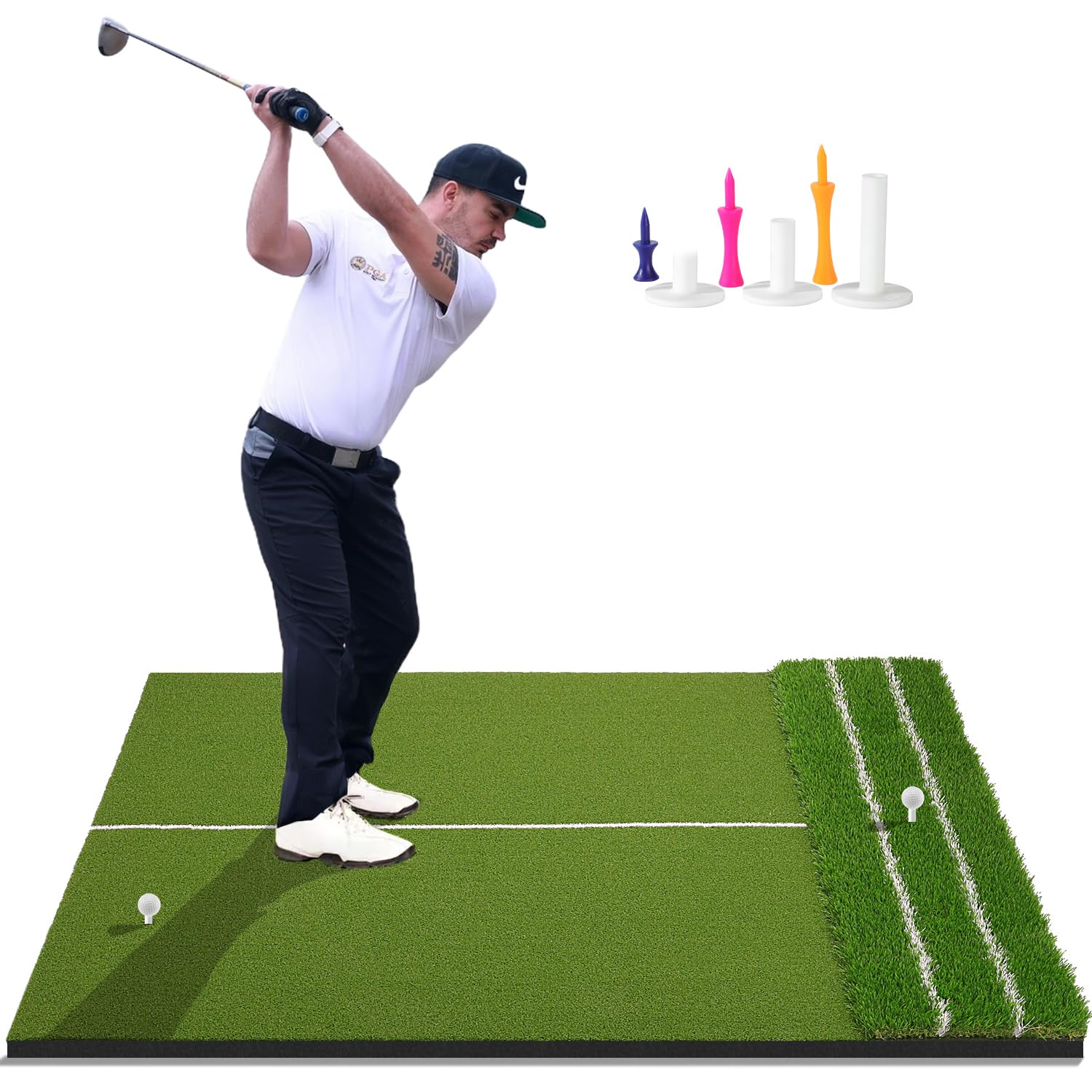 dcq real feel 5x4ft golf hitting mat, 15mm base, golf mat, dual turf, fairway & rough artificial grass, golf practice mat indoor & outdoor use, driving & chipping pad with cushion, golf simulator mat