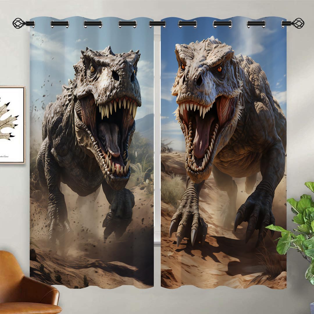 ONINUO Jurassic Dinosaur Blackout Curtains for Girls Boy Home Decor, 3D Dino Raptor Jungle Animals Grommet Thermal Insulated Drapes Darkening Window Curtain for Bedroom Living Room, 72 x 63 Inch