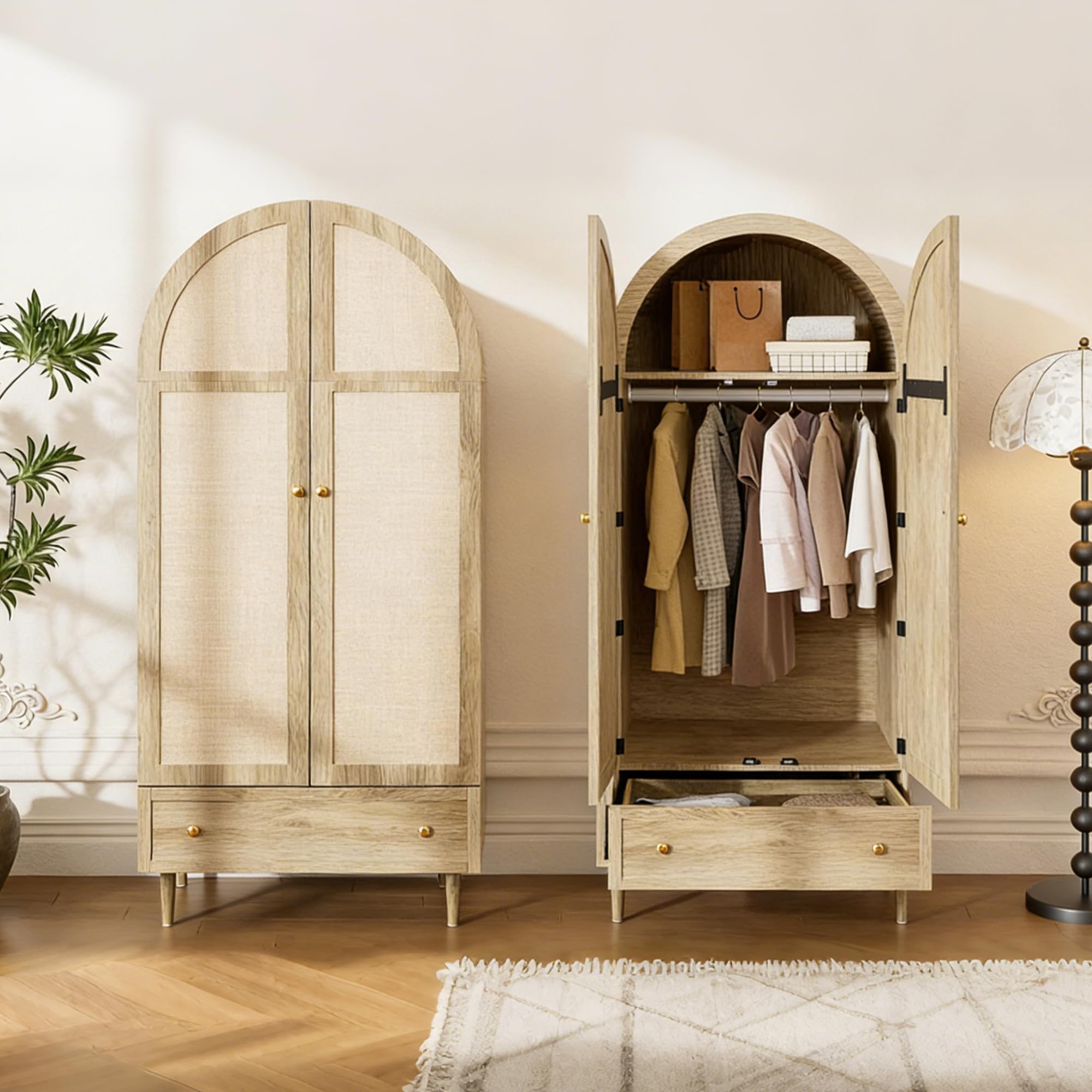 Armoire De Chambre, Armoire en Rotin à 2 Portes avec Grand Tiroir, éTagèRes RéGlables en Hauteur Et Tringle à VêTements, Anti-Basculement 175 X 80 X 50Cm, Chêne