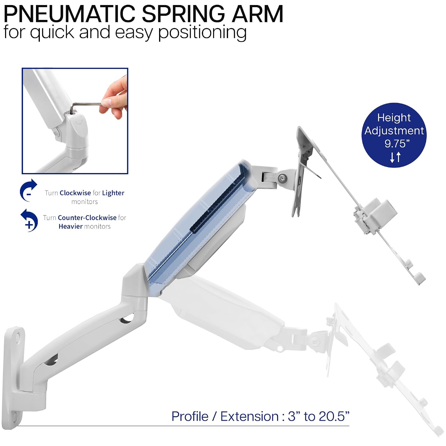 VIVO Height Adjustable Pneumatic Extended Arm Laptop Wall Mount, Full Motion Articulating Notebook Tray, Fits 10 to 15.6 inch Screen, White, MOUNT-V001GLW - Image 3