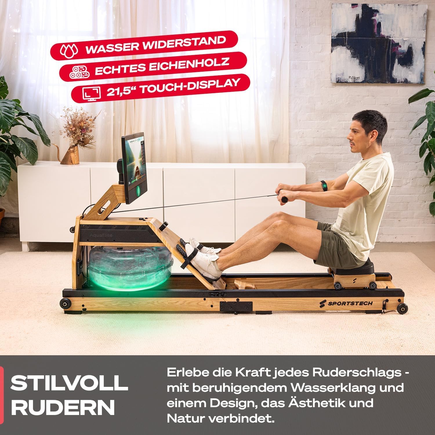Sportstech AquaElite, Wasser Rudergerät für zu Hause, authentisches Rudererlebnis, Cardio und Ganzkörpertraining, Massivholz, klappbar, LED-Wassertank, 10,1" oder 21,5" Display mit App