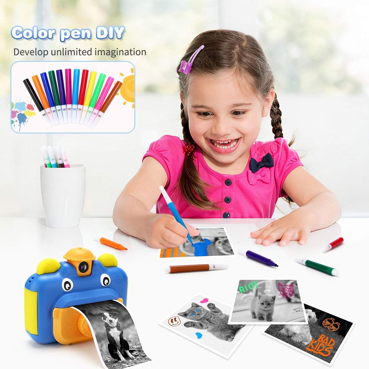 New Deal INKPOT Instant Print Camera for Kids,Zero Ink 1080p Video Kids Digital 12MP Selfie Camera for Girls Boys,Birthday Gift Photo Instant Camera for Kids Age 7 8 9 10 11-Color Pens,Print Papers,32GB Card