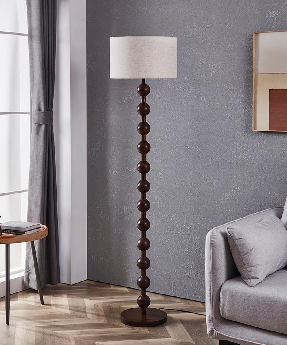 Lampadaire En Lin Wabi-sabi 63" Lampadaire En Fer À Grain De Bois Lampe Sur Pied Sphérique Couleur Noyer Avec E26 Lampe Ronde En Tissu À Intensité Variable Pour Salon Chambre