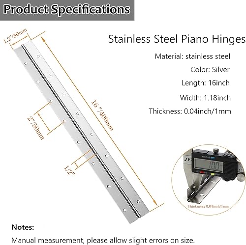 Miniatura 2 de 12 bisagras continuas y de piano de 16 pulgadas, bisagras largas de acero inoxidable de 1.2 pulgadas de ancho abierto, bisagras plegables de 0.04