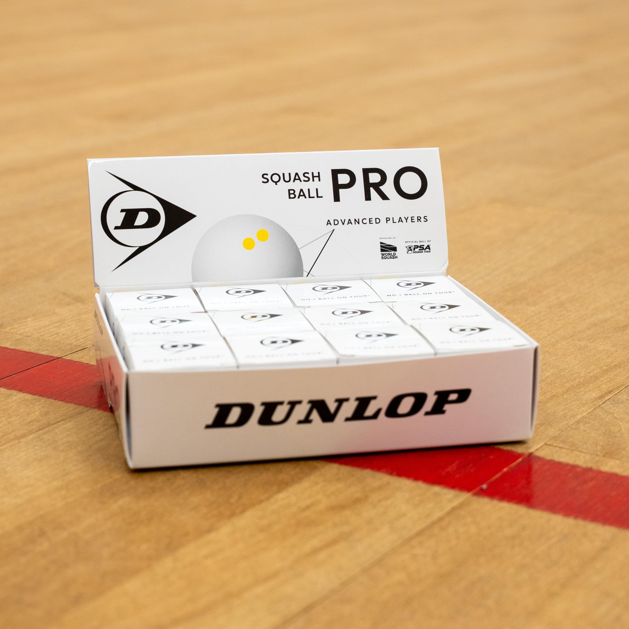 Dunlop Squashbälle Pro White, 2 gelbe Punkte, 12 Bälle