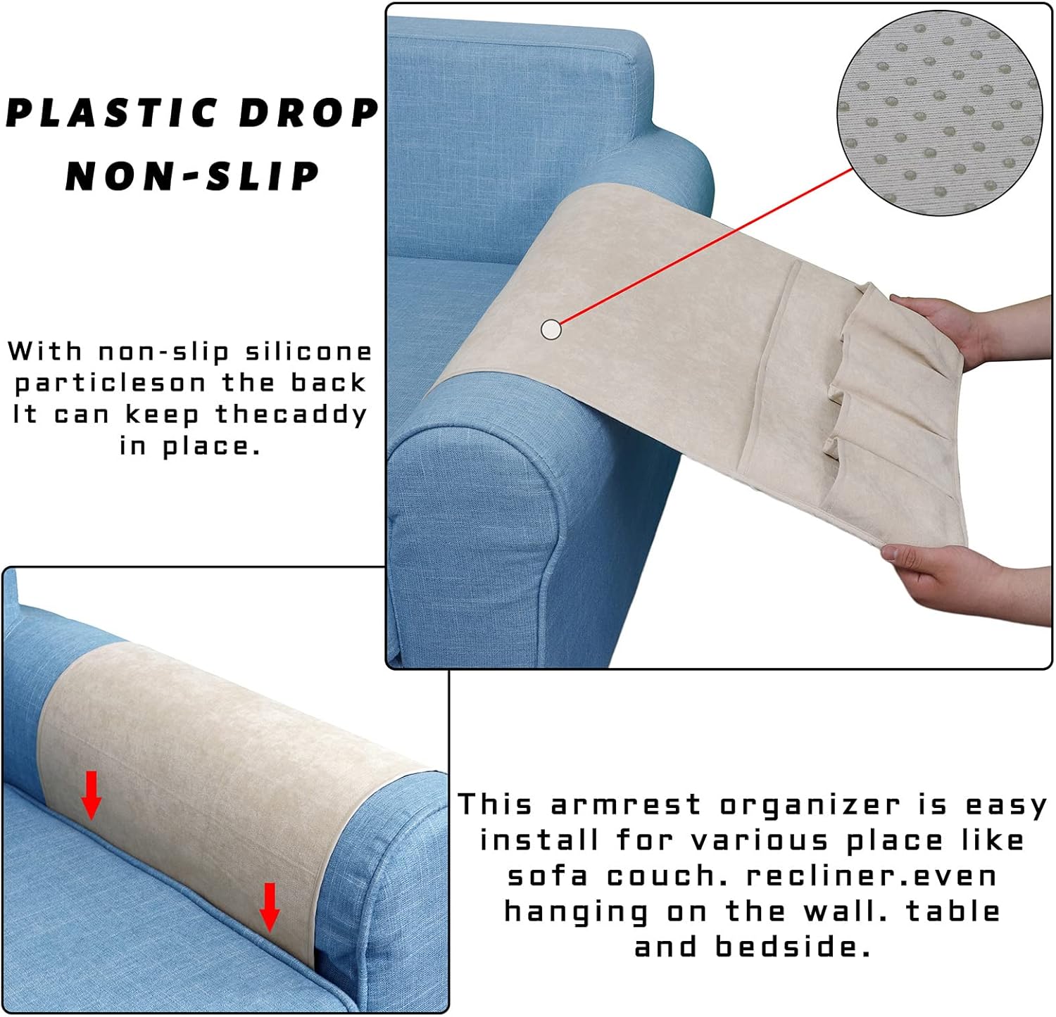 NB Sofa Armrest Organize remote holder bedside caddy organizer with 5 pockets,non-slip couch remote control holder couch armchair caddy accessories (Beige, 35"x12.4") - Image 5