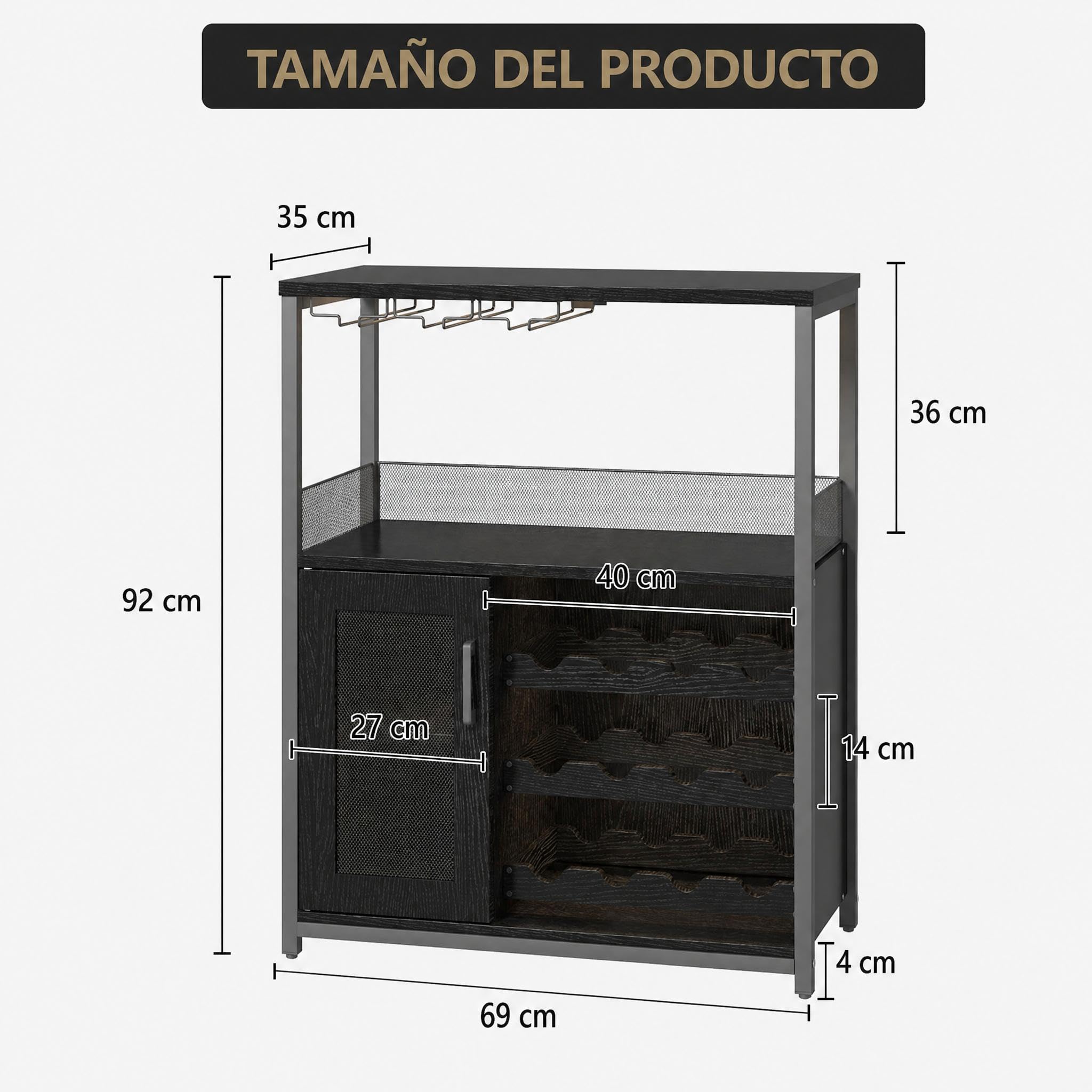 Garvee Armario para Vino Industrial con LED, Mueble Bar con Estante Ajustable 12 Botellas, Soporte para Copas, Puerta de Vidrio y Rejilla Metálica, para Cocina, Comedor o Salón, Negro 69 x 35 x 92 cm