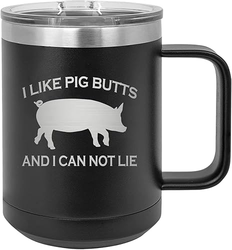 Miniatura 1 de Rogue River Tactical Funny BBQ Grill I Like Pig Butts Sarcastic Joke - Taza de café negra de acero inoxidable resistente con tapa, taza novedosa,