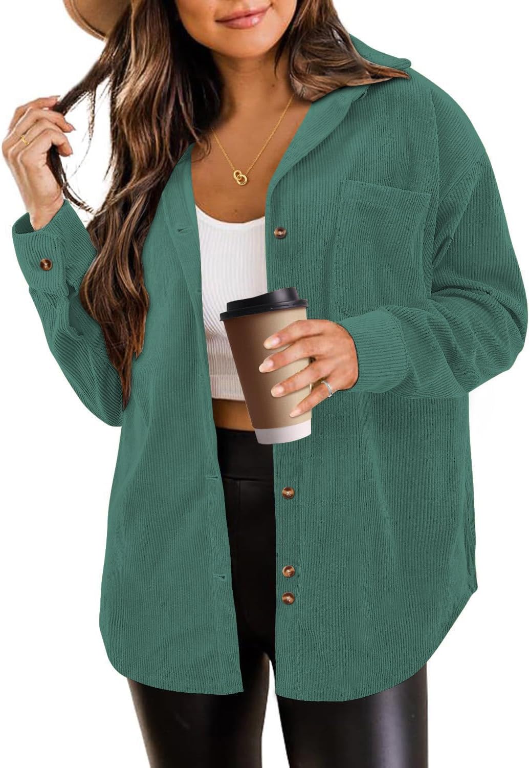 SEMARO Womens Casual Long Sleeve Button Down Shirts Corduroy Oversized Boyfriend Blouse V Neck Loose Jacket Tops