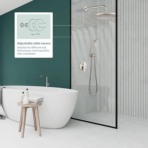 Miniatura 9 de Juego de grifo de ducha montado en la pared negro mate para baño con válvula de equilibrio de presión, cabezal de ducha de lluvia de 10 pulgadas y