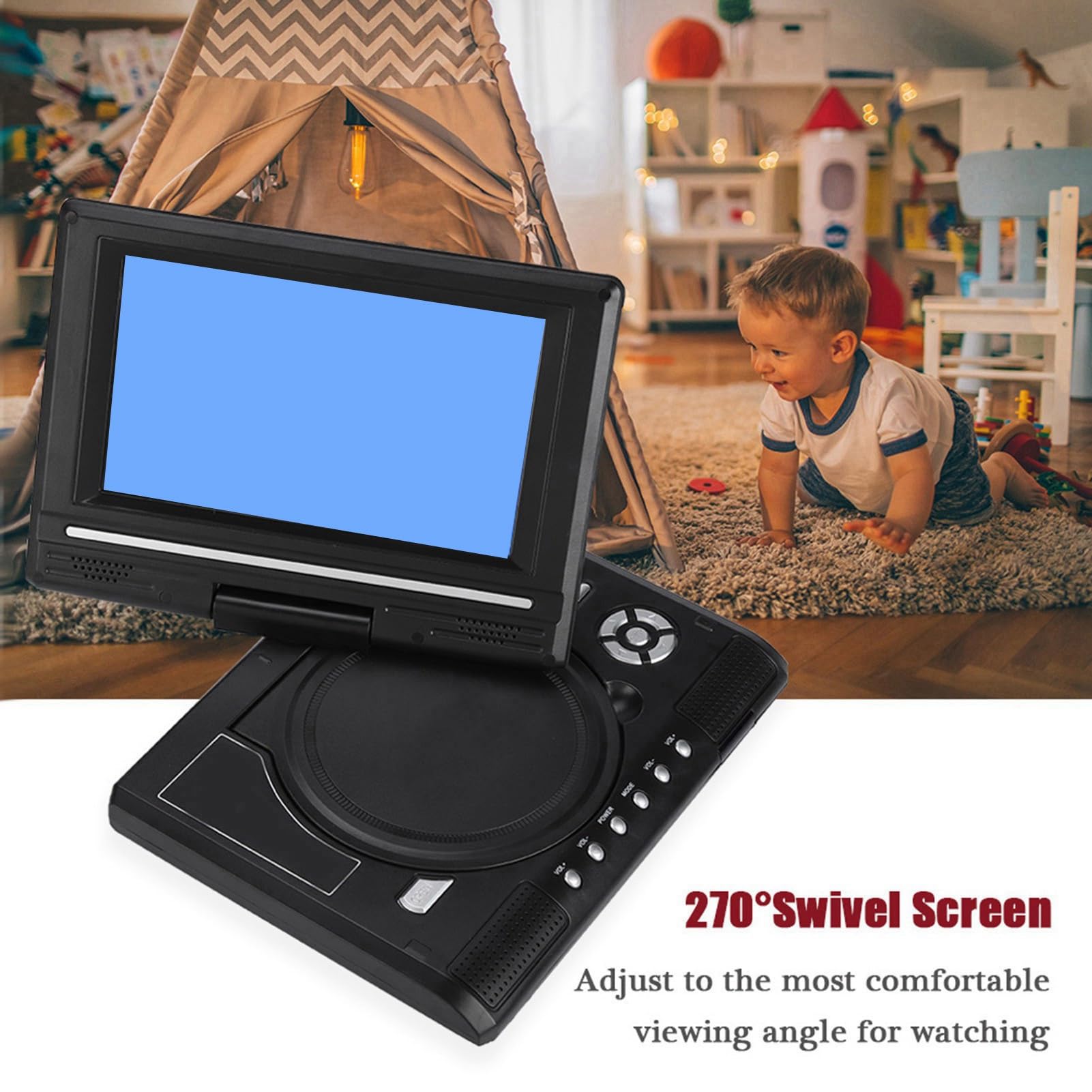 Lecteur DVD Portable 7 Pouces,LCD TV 16: 9 Prise en Charge AVI EVD DVD, SVCD, VCD, CD, CD-R/RW, Images JPG et MPEG-4, avec Lecteur De Carte Intégré pour Les Voyages en Voiture(Noire)