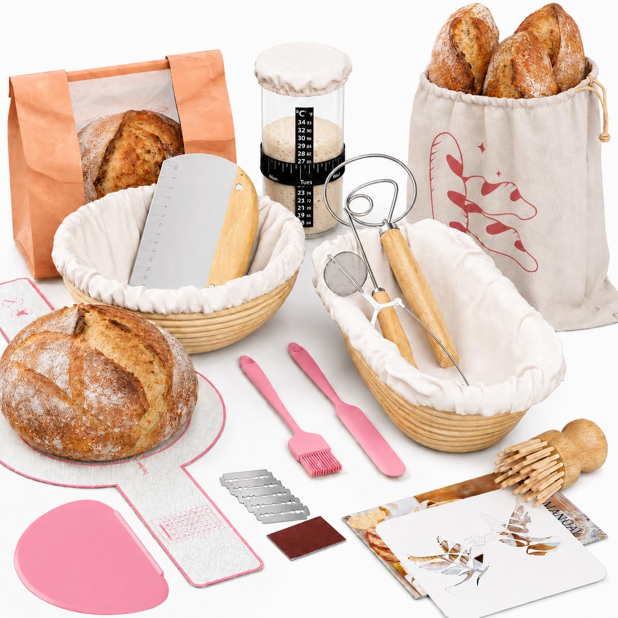 Kit per principianti con cestini rotondi e ovali in rattan | Kit per la preparazione del pane da 38 pezzi con barattolo, fionda per il pane, frusta, raschietto e strumenti da forno, rosa