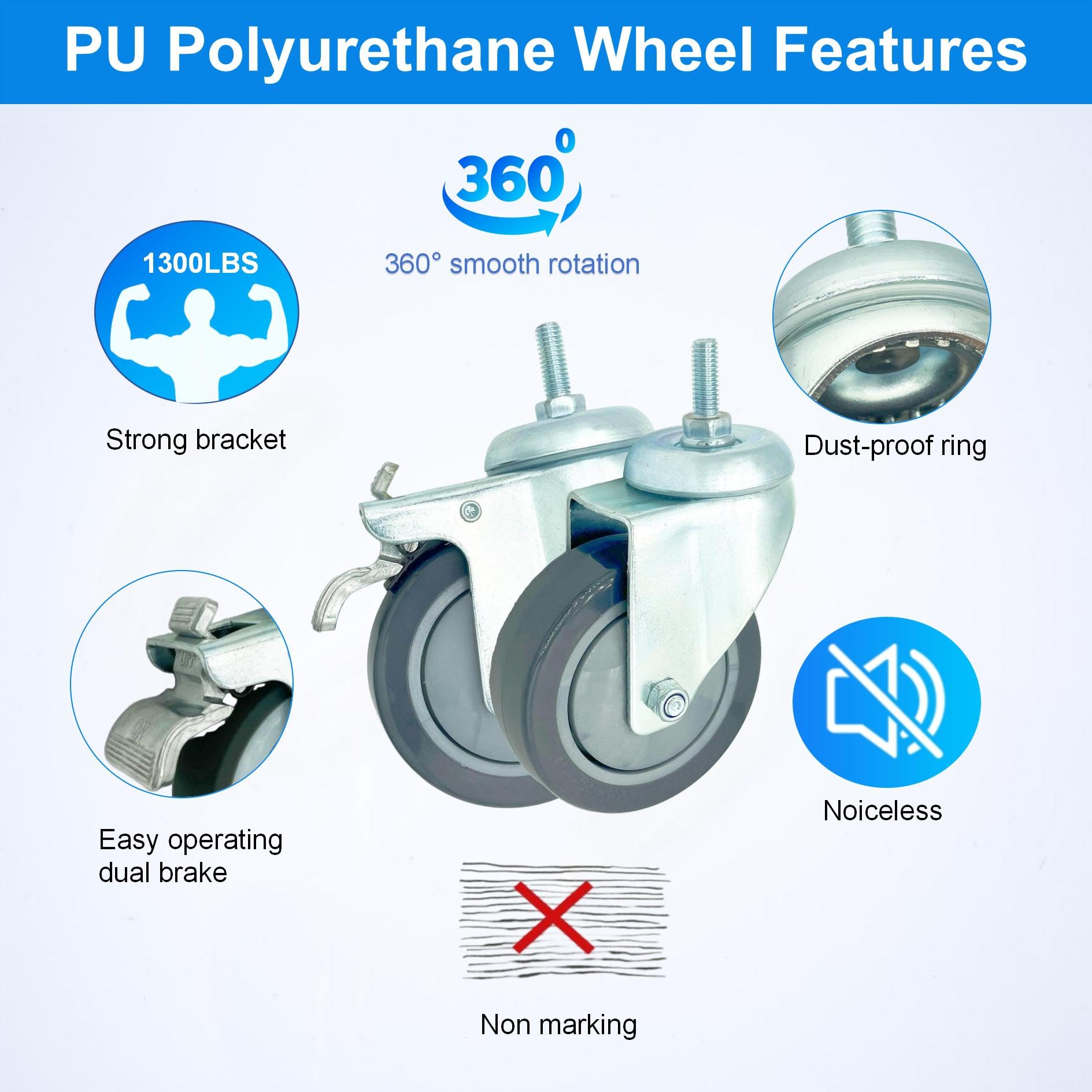 4-calowe kółka obrotowe, wytrzymałe, z aluminiowym hamulcem, zestaw 4 kółek z trzpieniem gwintowanym 3/8"-16x1, szare koła poliuretanowe do szpitali, laboratoriów, mebli i restauracji
