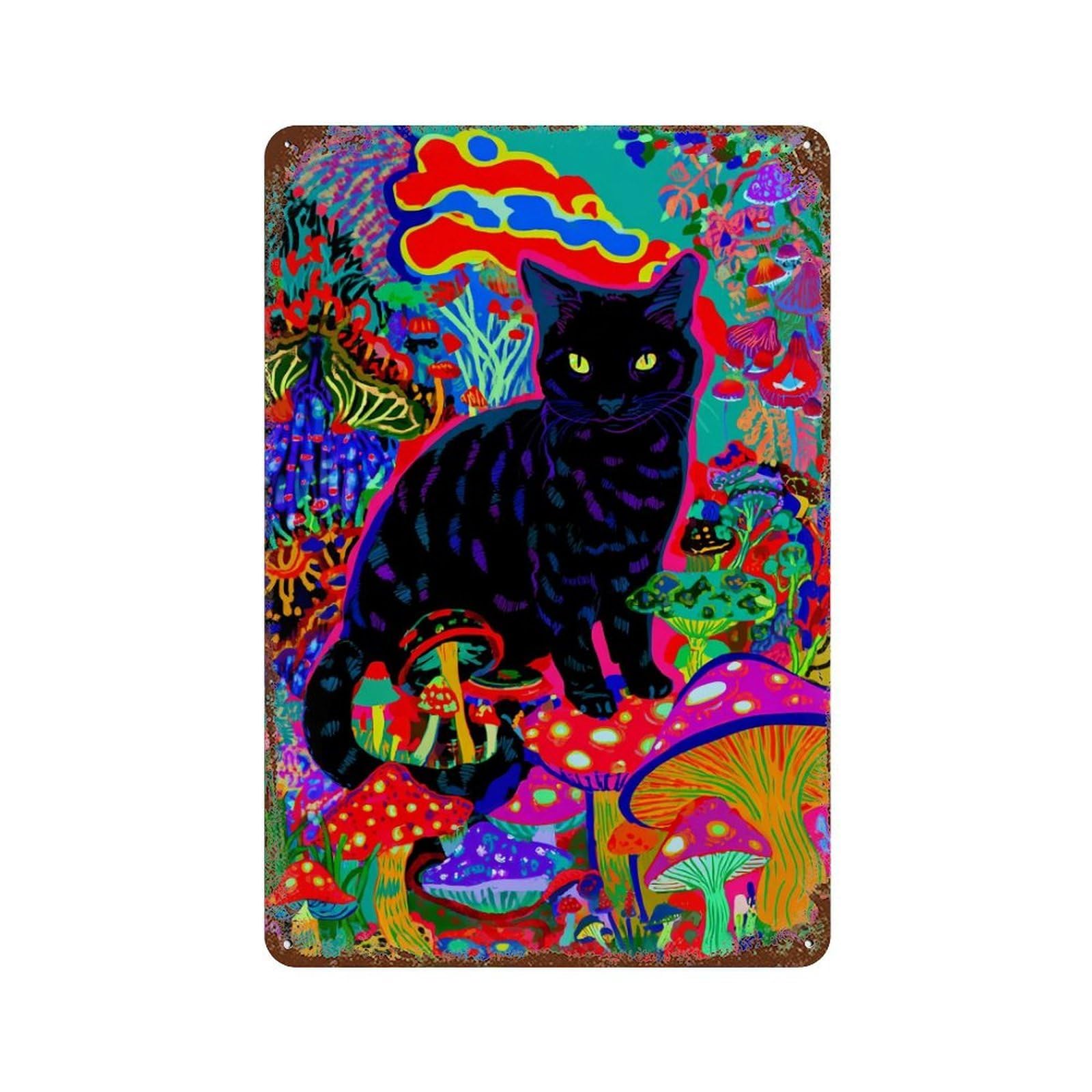 Psychedelic Mushroom Cat Art Print-1 Rustic Tin Plaque 11.8"x7.9", Ideal for Patio, Garden Room And Bar Decor