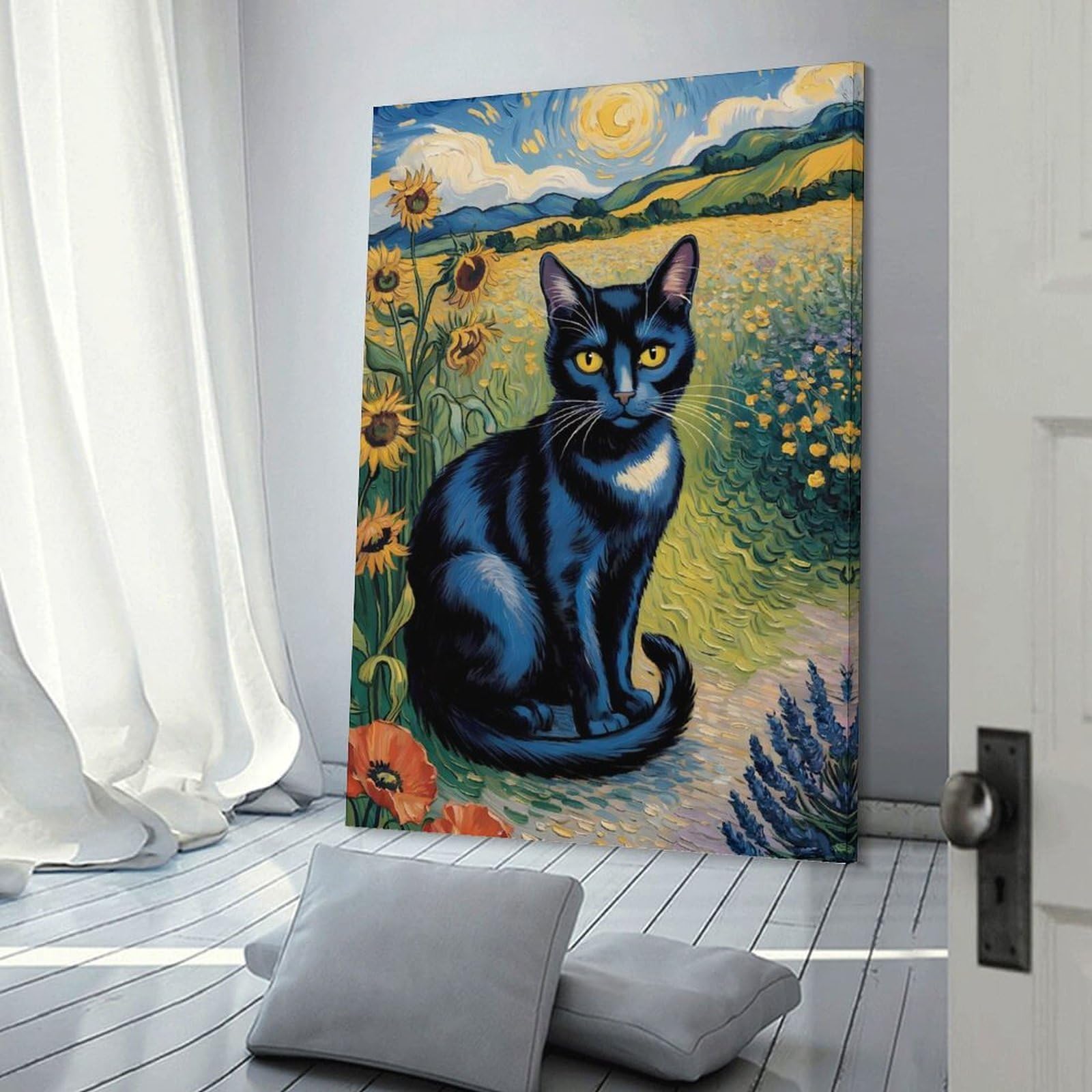 Junmoney Black Cat in Sunflower Field Painting Decorative Canvas Print, 24x36inch(60x90cm), for Hallway, Bedroom Or Modern Interiors, Gift Idea for Housewarming And Birthdays
