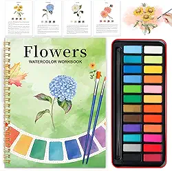 Livro de exercícios em aquarela - Kit de pintura amigável para iniciantes, livros de aquarela para adultos, presente de exploração para adultos e adolescentes (flores, paleta de 24 cores)