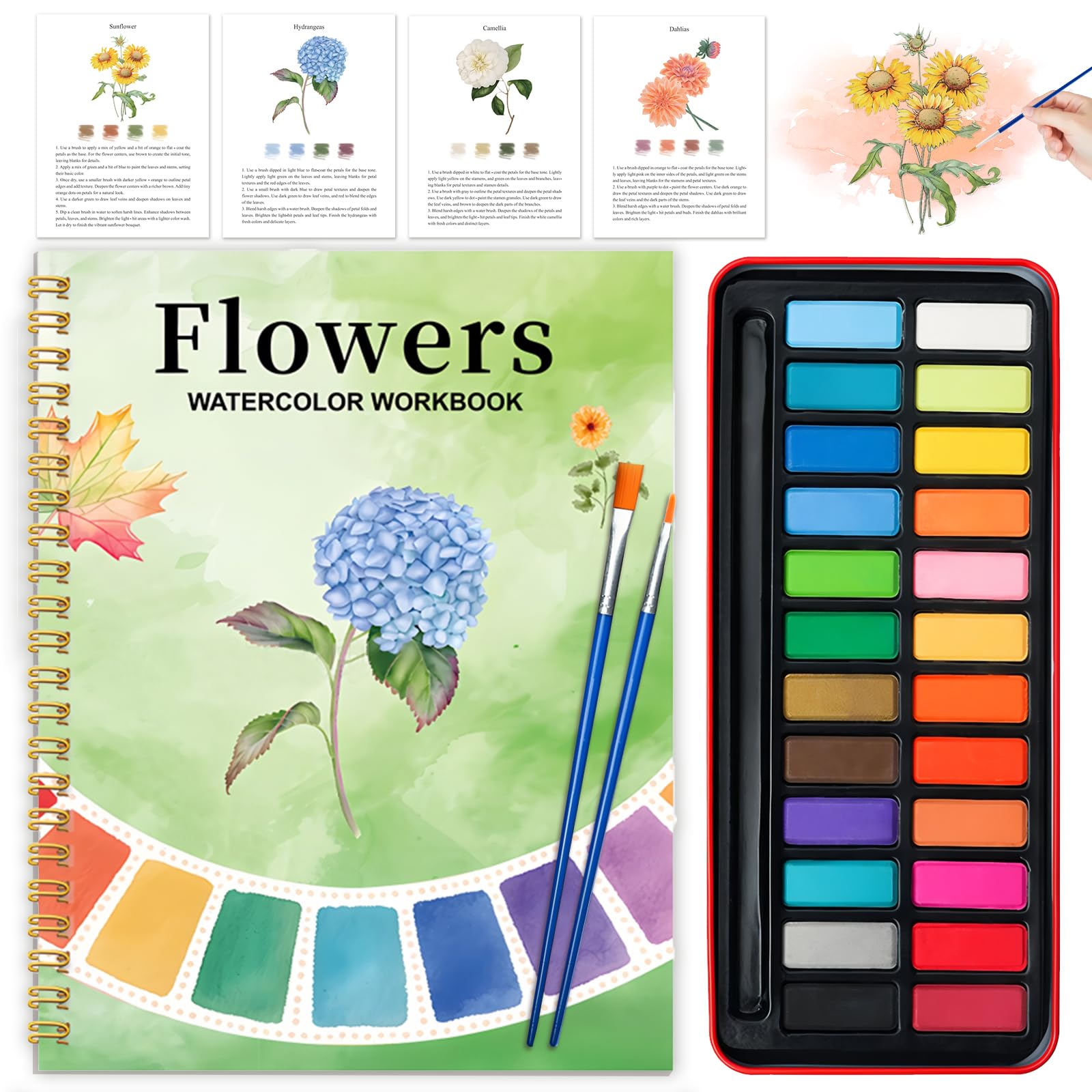 Photo 1 of ***MISSING PAINT***Watercolor Workbook - Coloring Book Beginner Friendly Painting Kit, Watercolor Workbooks for Adults with 24 Colors Paint, Exploration Gift for Adults Teens (Flowers)***MISSING PAINT***