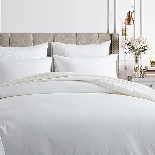 Miniatura 6 de SOFTPAGE Edredón de algodón para cama tamaño Queen, edredón blanco Queen, ropa de cama lavada con sensación de lino, edredón tamaño Queen de 3