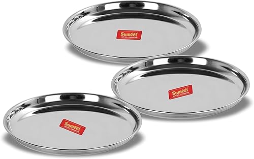 Sumeet Platos llanos de acero inoxidable de calibre pesado con acabado de espejo 6.7 in de diámetro - Juego de 3 piezas