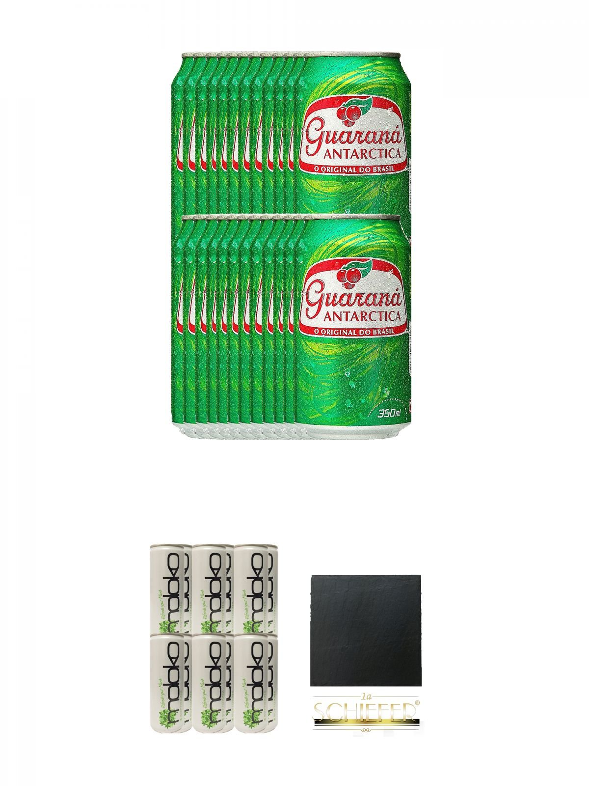 Guarana Antarctica in Dose 24 x 0,33 Liter + Moloko Softdrink 12 x 0,25 Liter + Schiefer Glasuntersetzer eckig ca. 9,5 cm Durchmesser