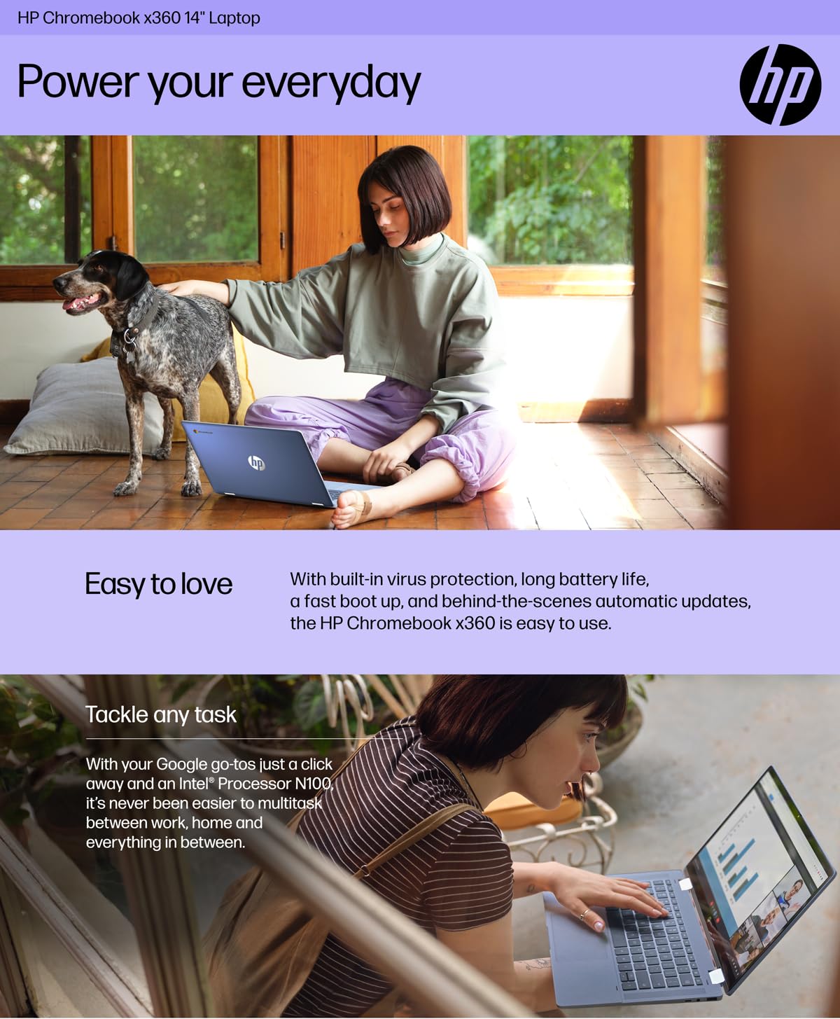 HP Chromebook X360 14b 2-in-1 Laptop (touchscreen FHD da 14", Intel N100, 4 GB di RAM, 128 GB di memoria (64 GB eMMC + scheda SD da 64 GB), per casa e studenti, batteria a lunga durata, Wi-Fi 6