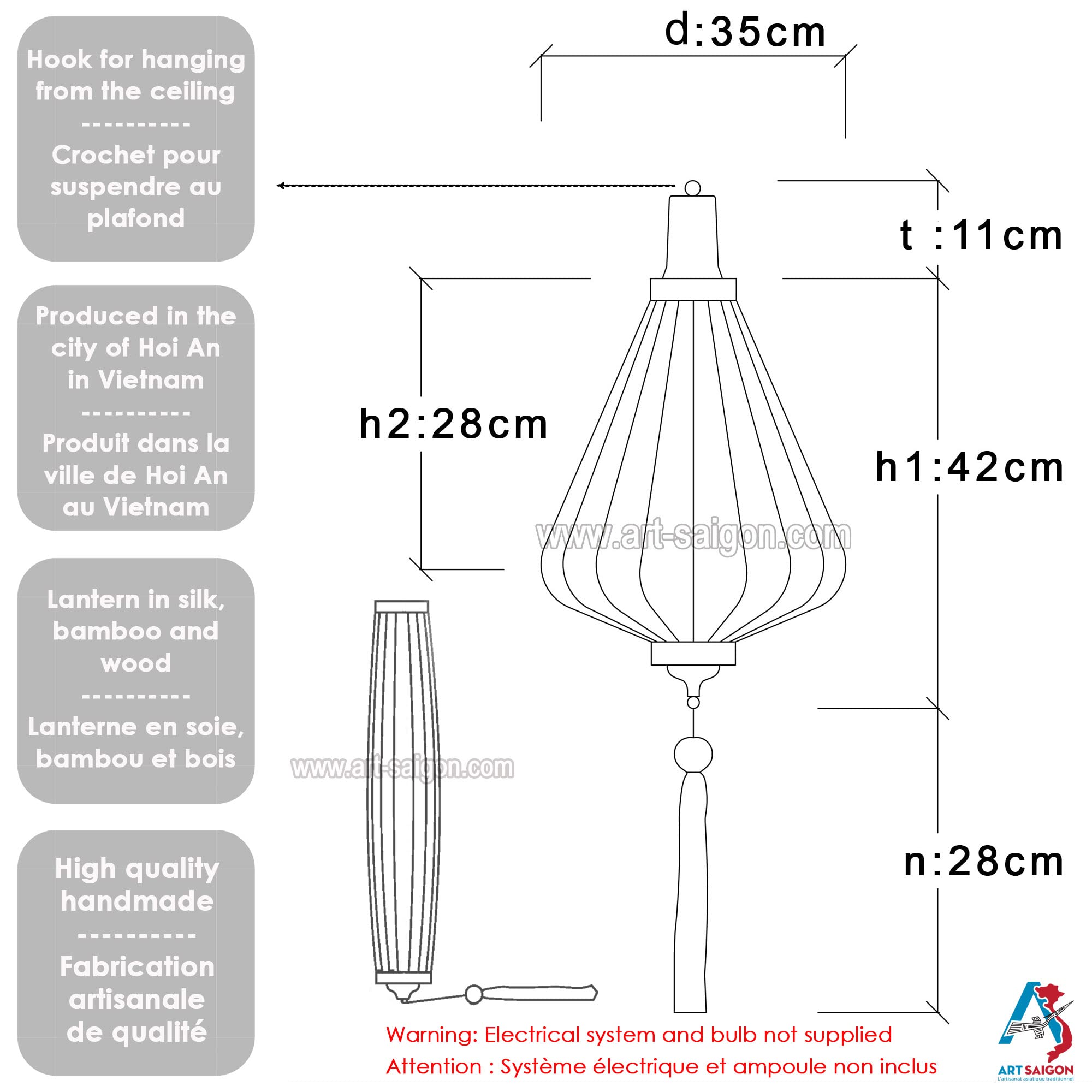 Asiatische Lampion aus Seide, Grün, A, Durchmesser 35 cm, Durchmesser des Hois-Jahres-Laterne aus Stoff, Bambus und Holz, Dekoration aus Asien und Vietnam-Handwerk (A25-V)