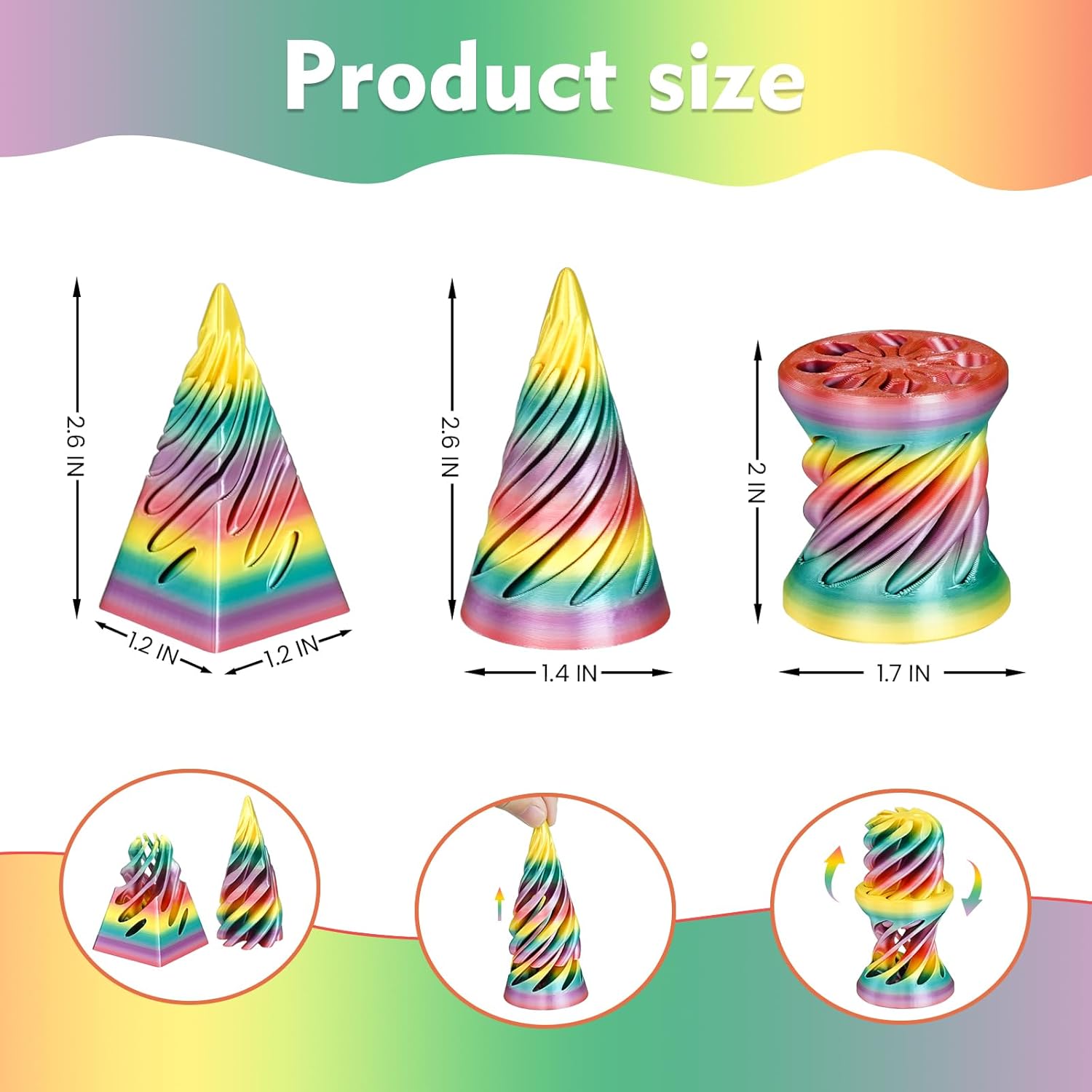 3PCS Impossible Cone,3D Printed Spiral Cone Fidget Toys,Impossible Pyramid Passthrough Sculpture,Stress Relieving Toys for Adults and Kids,Stocking Filler White Elephant Gifts(Rainbow)
