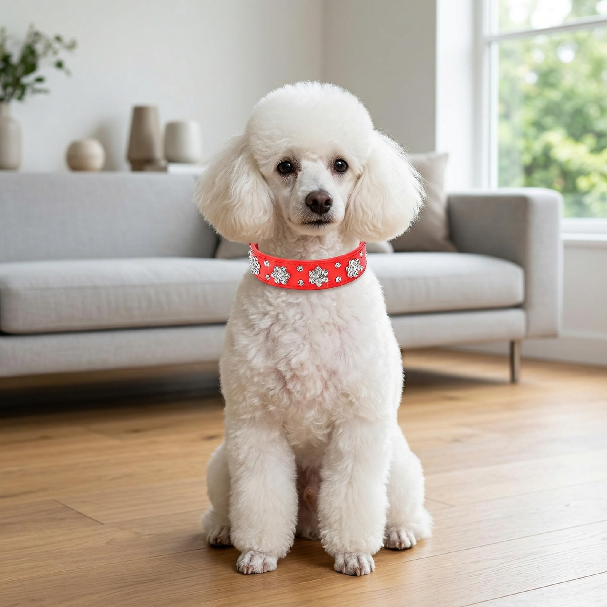 Collar de perro con diamantes de imitación, bonito collar de perro con diamantes de imitación, collar de piel sintética, tamaño ajustable, tamaño pequeño, mediano y grande (S: 21-27 cm, rosa)