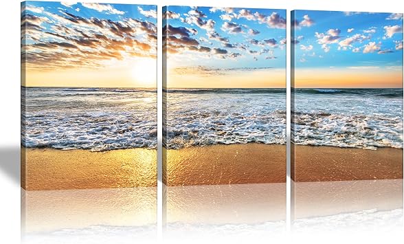 KAWAHONE Sunrise Beach Canvas Wall Art, Blue Sky and White Clouds Ocean Poster Framed, Canvas Painting Printing Picture for for Home Bedroom Bathroom,12" x 16" x 3 PCS