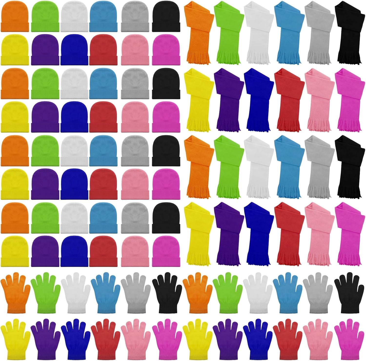 Panitay 144 Pcs Kids Winter Hat Gloves Scarf Set 48 Solid Color Knit Beanie 48 Warm Gloves 48 Tassel Scarf for Boys and Girls