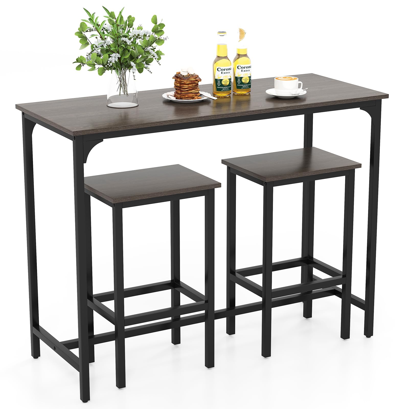 COSTWAY Tavolo con 2 Sgabelli in Metallo e Legno, Set da Pranzo 3 Pezzi, Tavolo Rettangolare da Cucina con 2 Sedie per Sala da Pranzo, Appartamento e Bistro, Stile Retrò (Grigio)