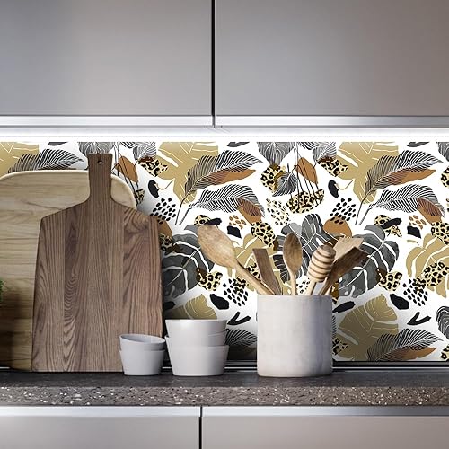 Miniatura 6 de Papel tapiz vintage de hojas grises y marrones de 17.7 x 118 pulgadas, papel tapiz autoadhesivo con palmeras tropicales, manchas de leopardo, hojas